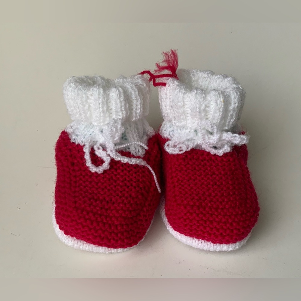 Handknit Baby Booties in Red & White